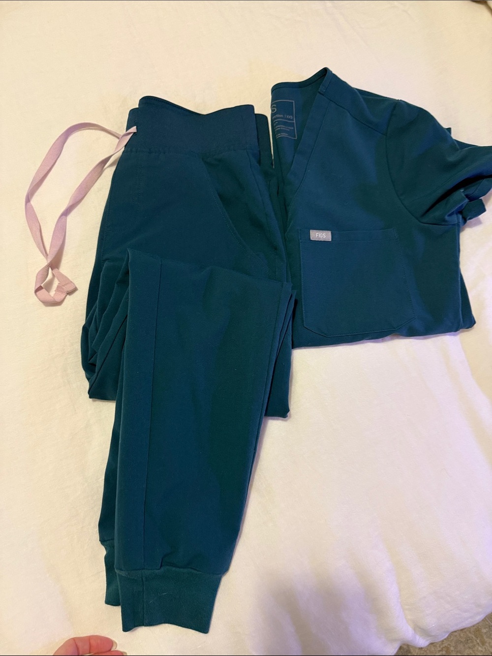 Figs Teal Scrub Set with Light Pink Drawstring